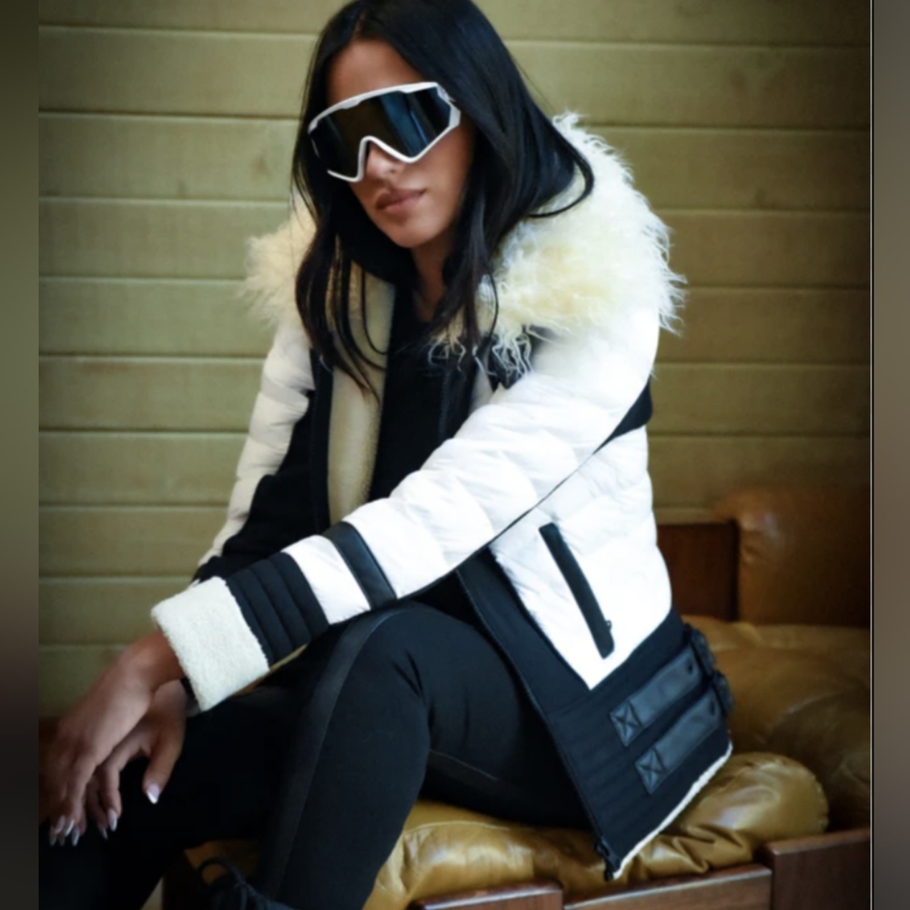Blanc Noir Moto Aviator Black Puffer Jacket with Cream Faux Fur - Picture 13 of 13